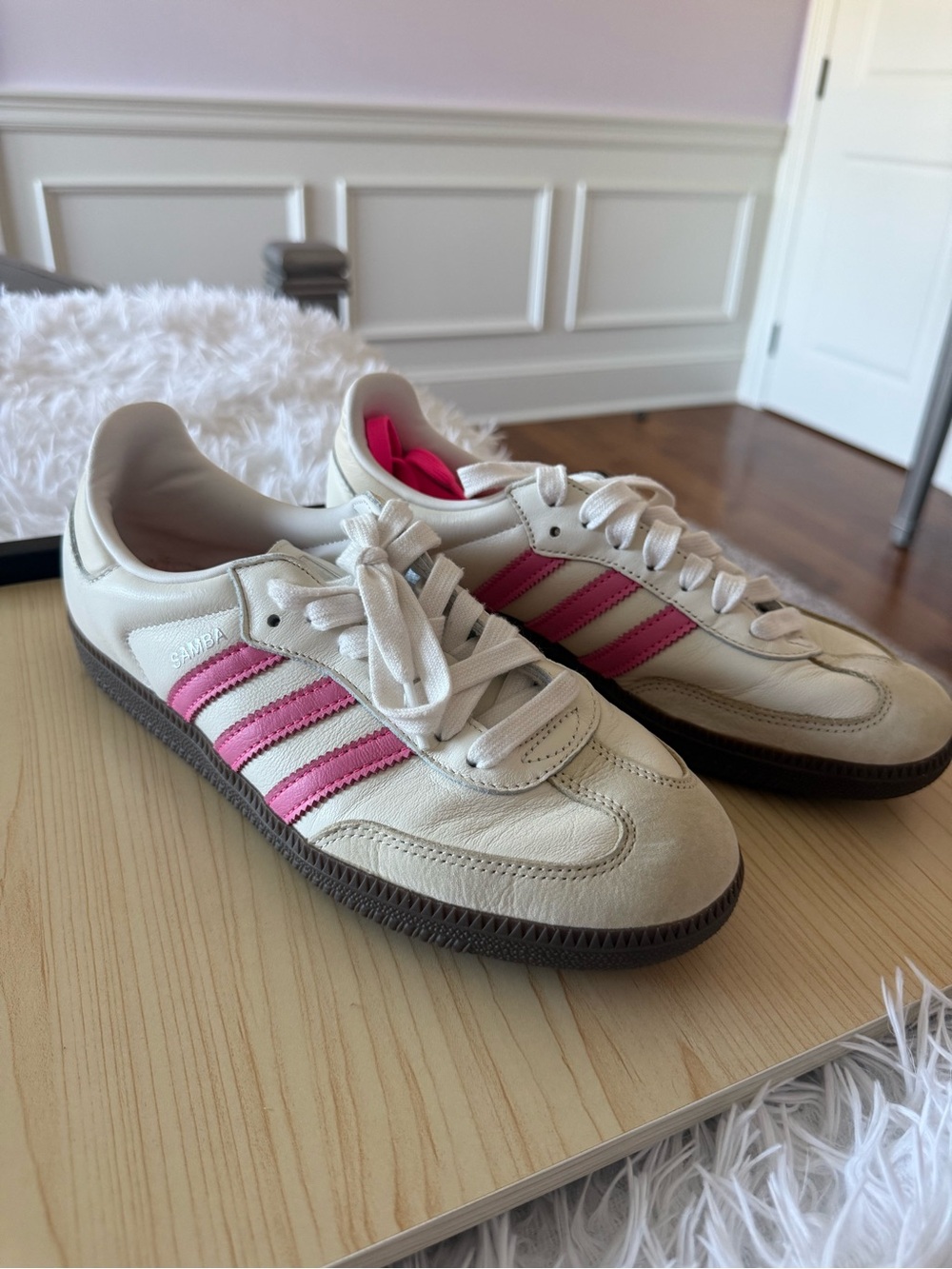 adidas Samba Sneakers in Cream with Pink Stripes